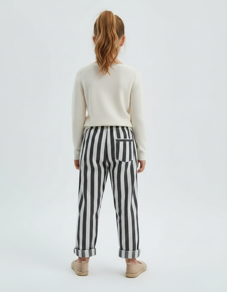 Pantalon Chinois Rayé Noir Blanc Coton Ample Fille - Multicolore - vue 2