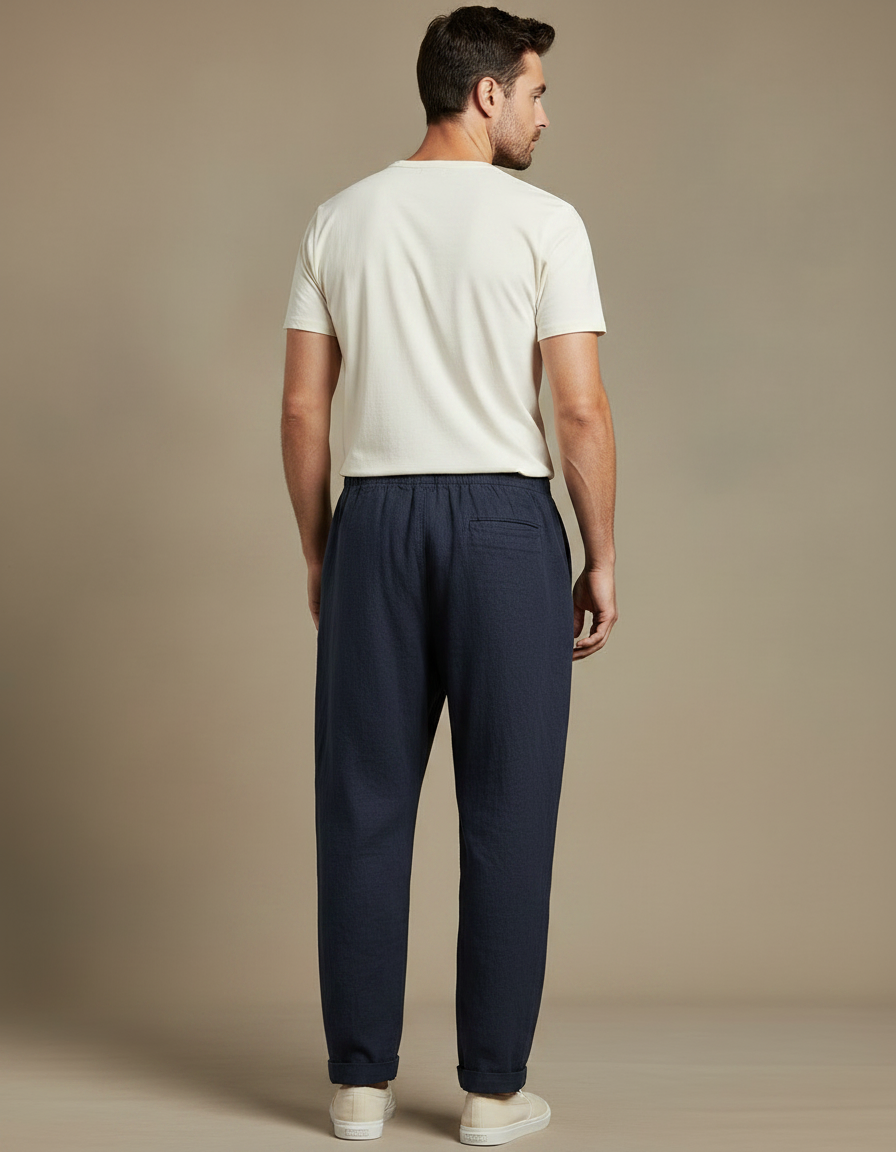 Pantalon Chinois Bleu Marine Lin Harem Confortable Homme - vue 2