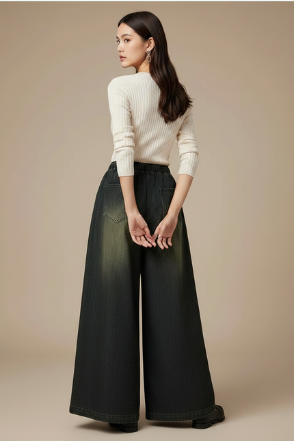 Pantalon Chinois Brodé Paon Ample Large Femme - Noir Jean - vue 2