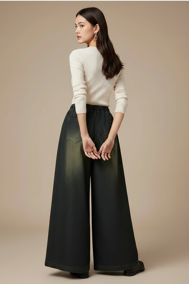 Pantalon Chinois Brodé Paon Ample Large Femme - Noir Jean - vue 2