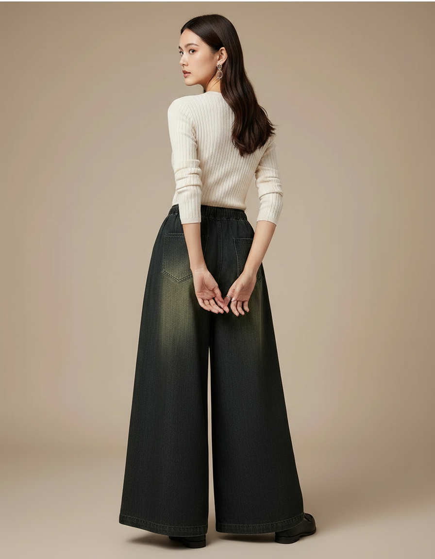 Pantalon Chinois Brodé Paon Ample Large Femme - Noir Jean - vue 2