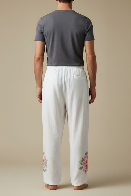 Pantalon Chinois Blanc Ample Fleur Coton Homme - Lin - vue 2