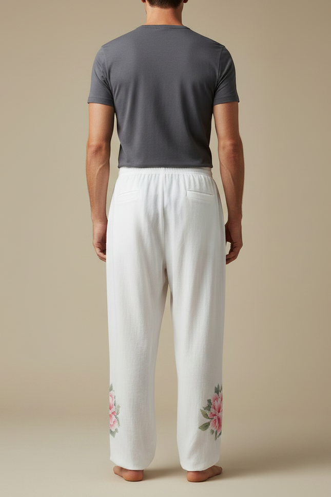 Pantalon Chinois Blanc Ample Fleur Coton Homme - Lin - vue 2