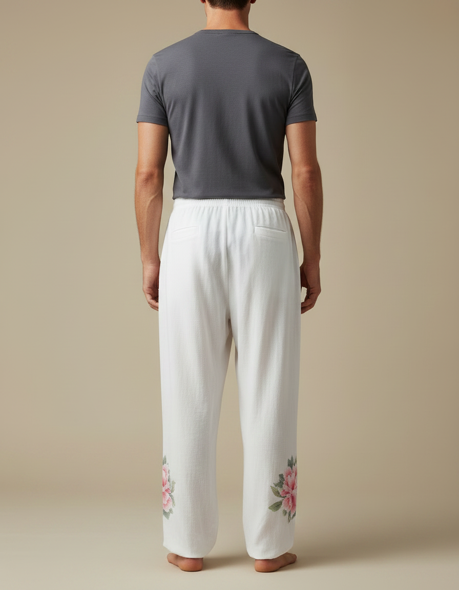 Pantalon Chinois Blanc Ample Fleur Coton Homme - Lin - vue 2