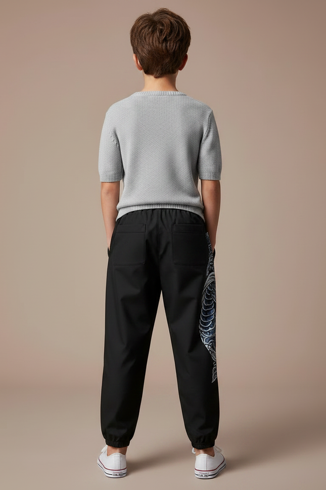Pantalon Chinois Noir Streetwear Dragon Ample Garçon - Polyester - vue 2
