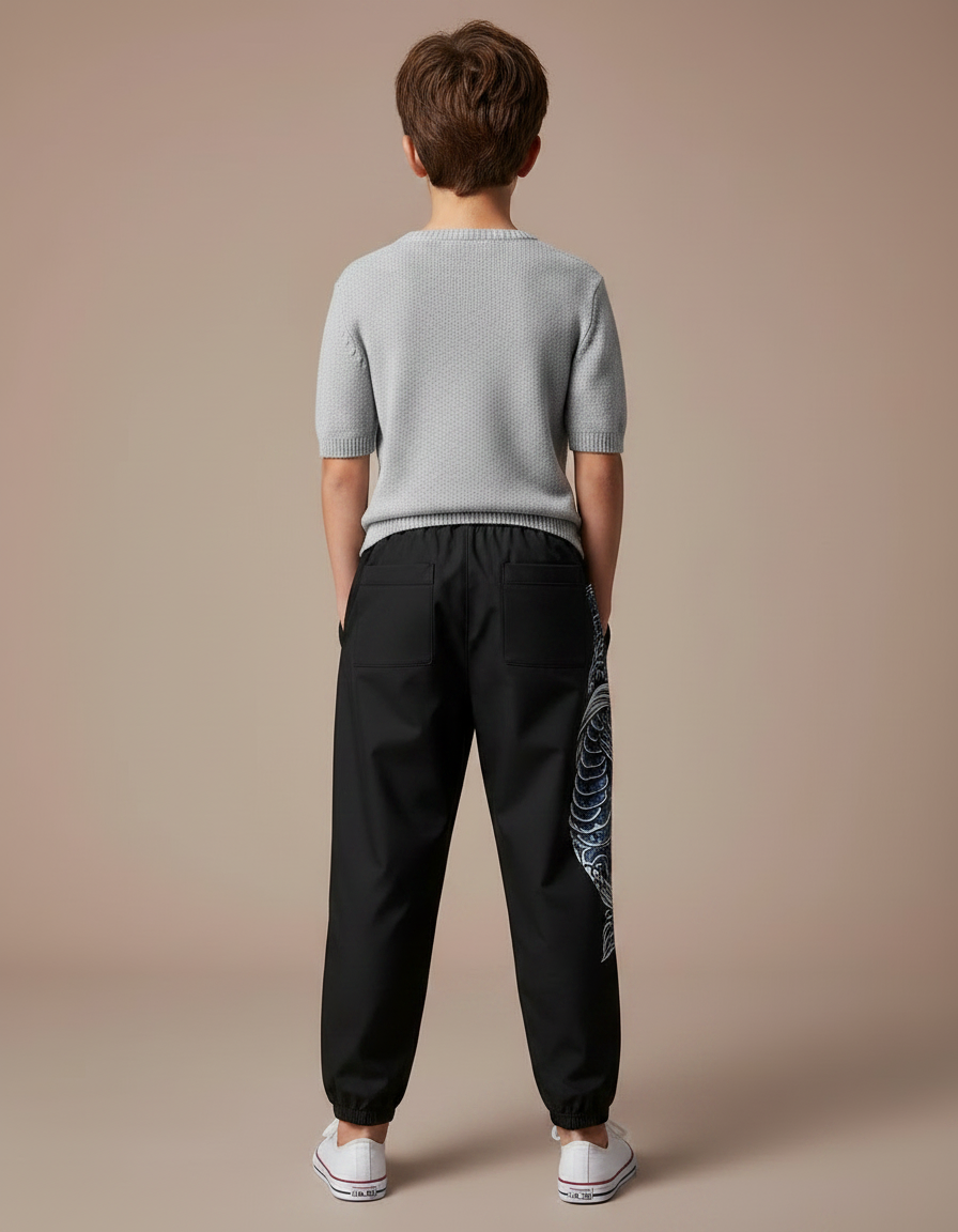 Pantalon Chinois Noir Streetwear Dragon Ample Garçon - Polyester - vue 2