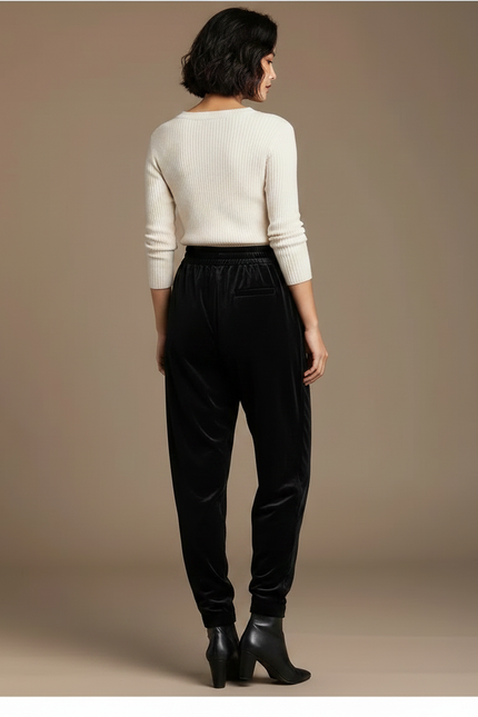 Pantalon Chinois Noir Velours Ample Décontracté Femme - vue 2