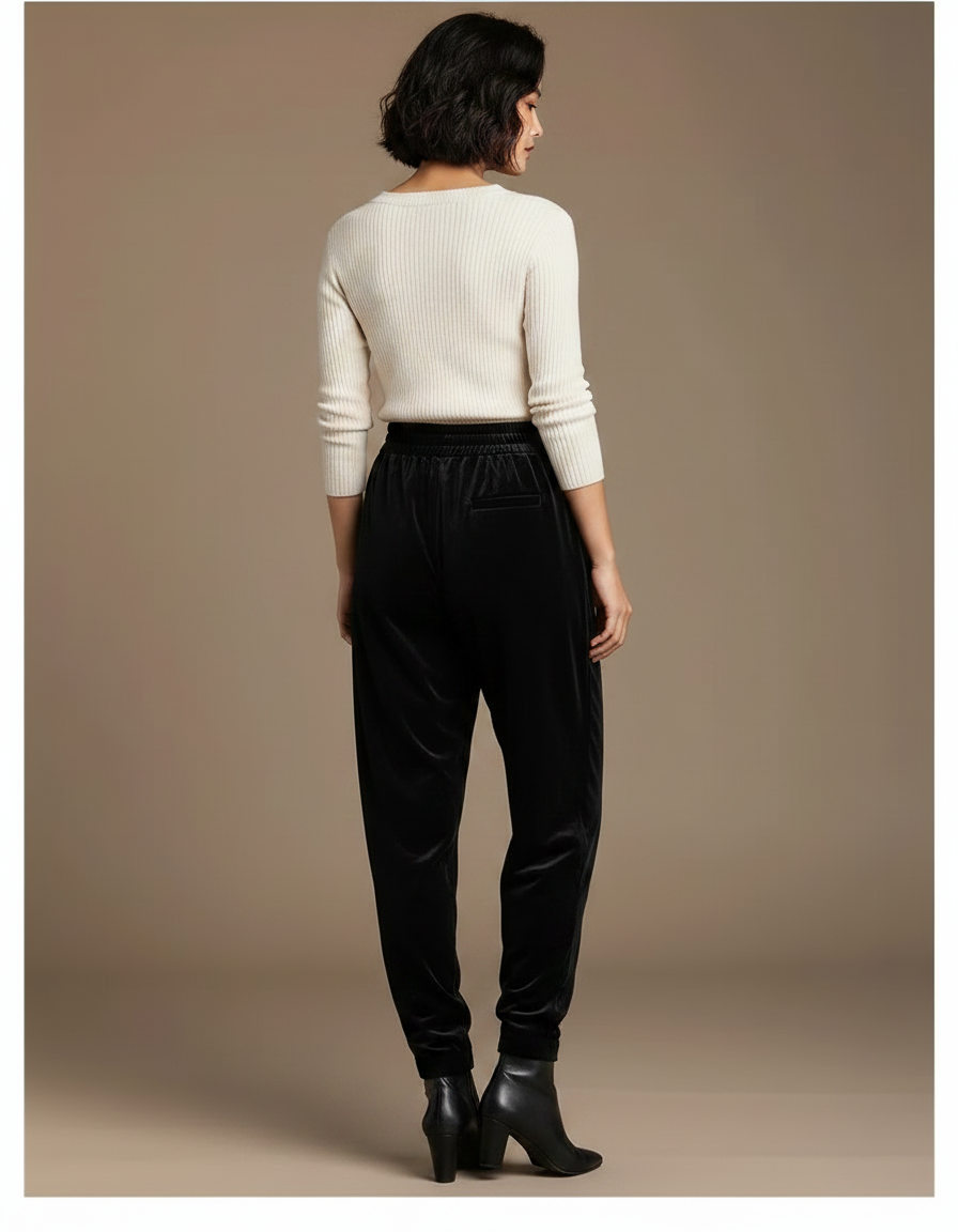 Pantalon Chinois Noir Velours Ample Décontracté Femme - vue 2