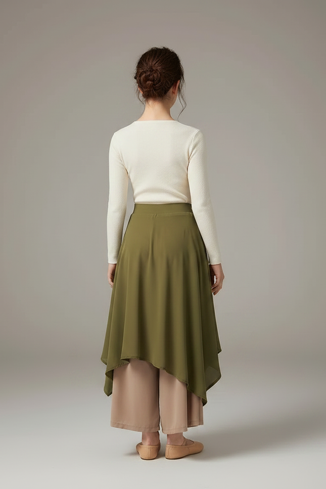 Pantalon Chinois Vert Fluide Jupe Superposée Élégant - Beige Viscose - vue 2