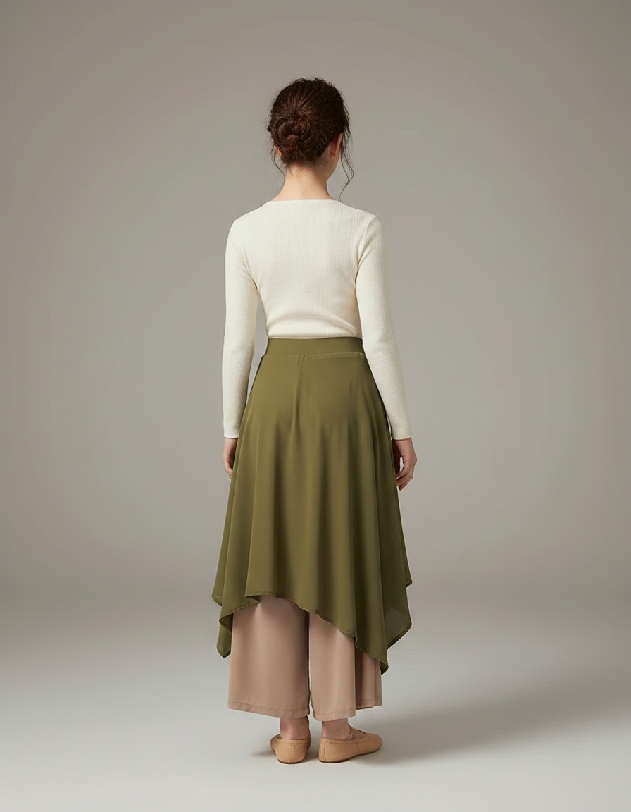 Pantalon Chinois Vert Fluide Jupe Superposée Élégant - Beige Viscose - vue 2