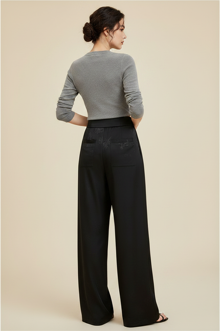Pantalon Chinois Noir Jacquard Ample Fluide Décontracté - Satin - vue 2