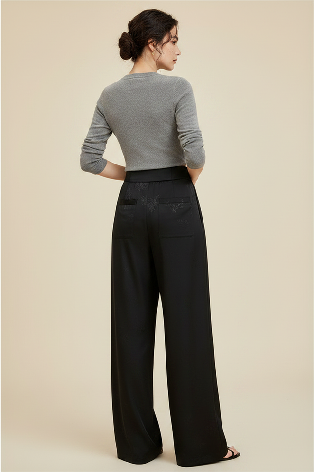 Pantalon Chinois Noir Jacquard Ample Fluide Décontracté - Satin - vue 2