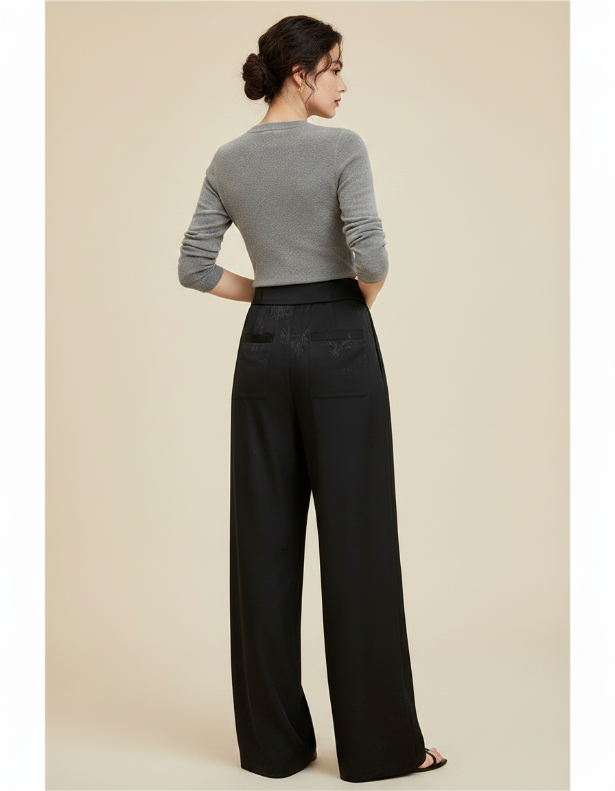 Pantalon Chinois Noir Jacquard Ample Fluide Décontracté - Satin - vue 2