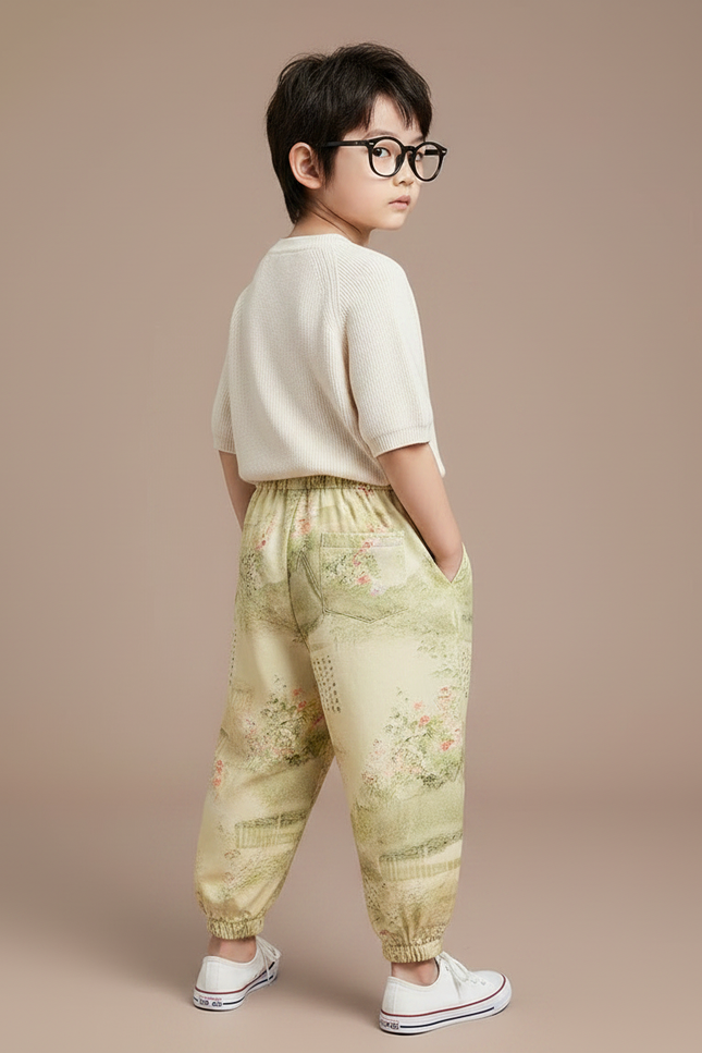 Pantalon Chinois Jaune Vert Ample Imprimé Floral Enfant - Multicolore Viscose - vue 2