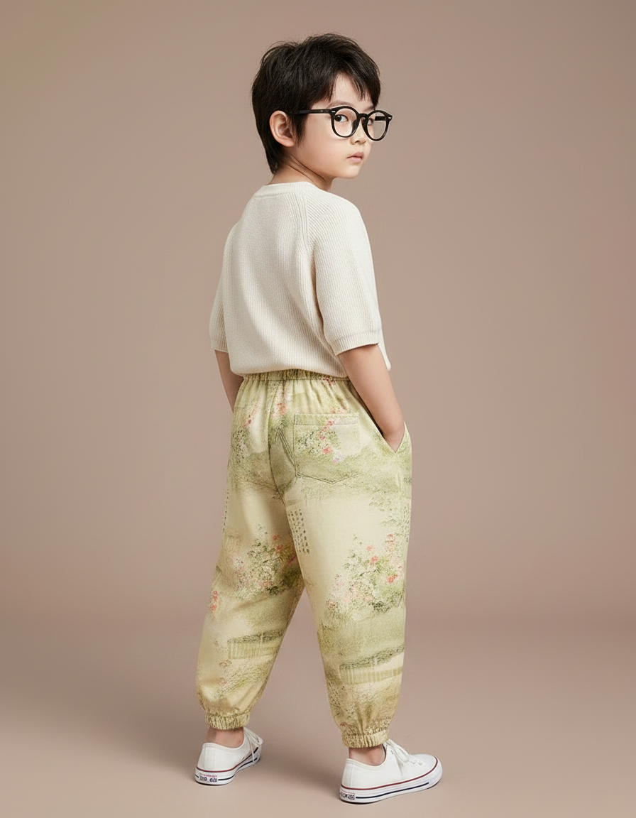 Pantalon Chinois Jaune Vert Ample Imprimé Floral Enfant - Multicolore Viscose - vue 2