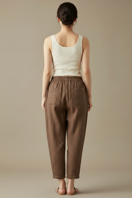 Pantalon Chinois Marron Ample Coton Lin Élégant - vue 2
