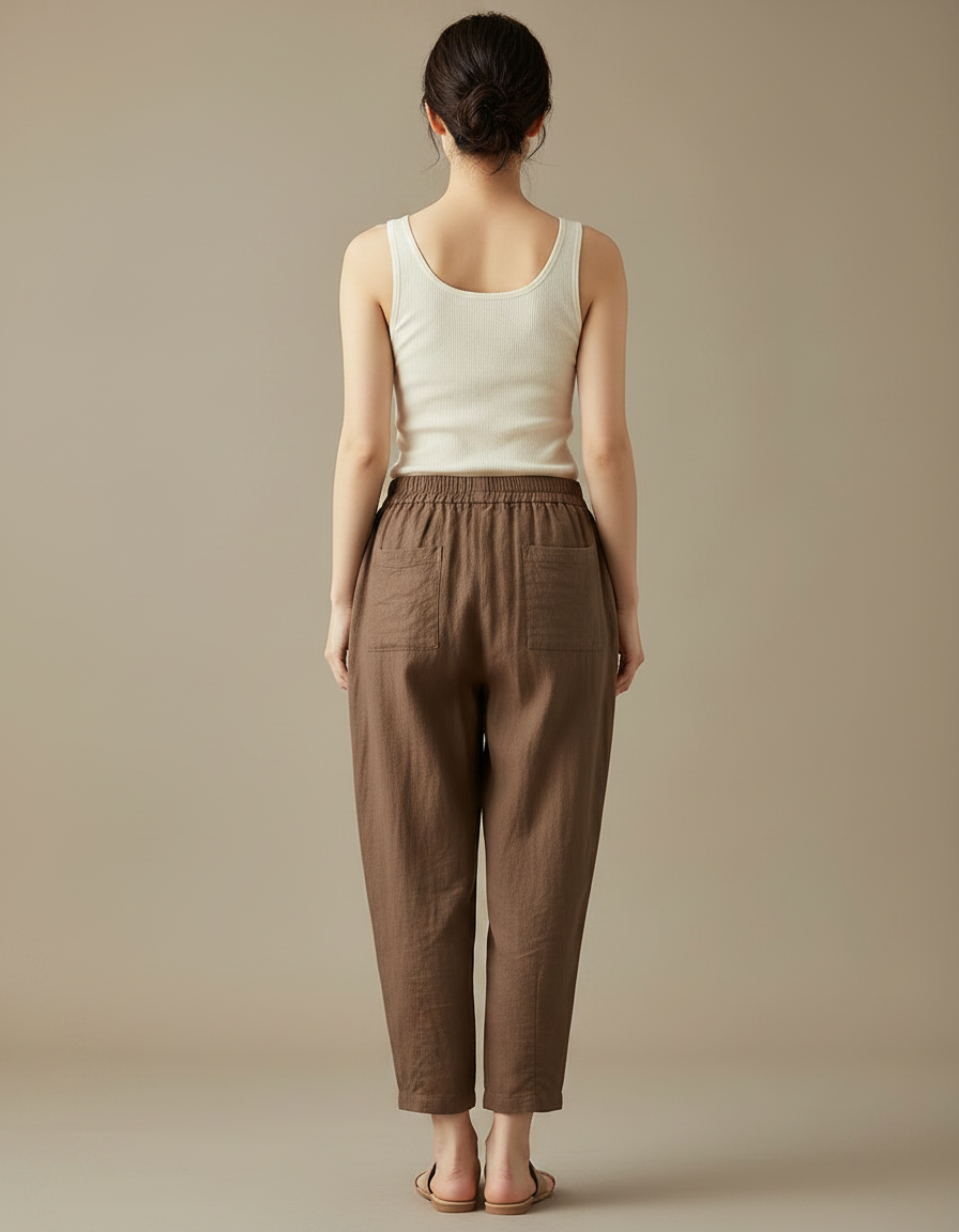 Pantalon Chinois Marron Ample Coton Lin Élégant - vue 2