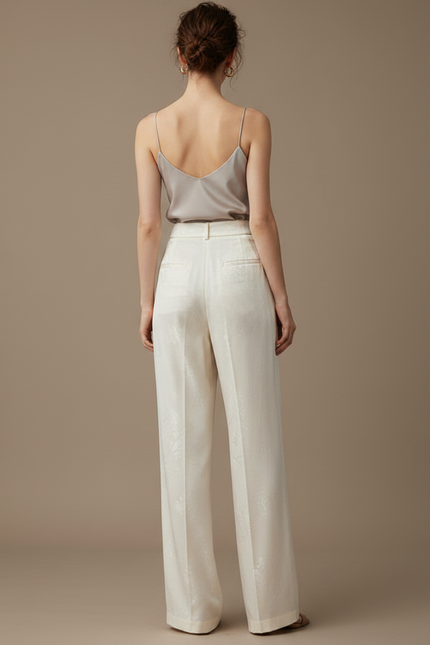 Pantalon Chinois Écru Satin Fluide Imprimé Femme - Beige - vue 2