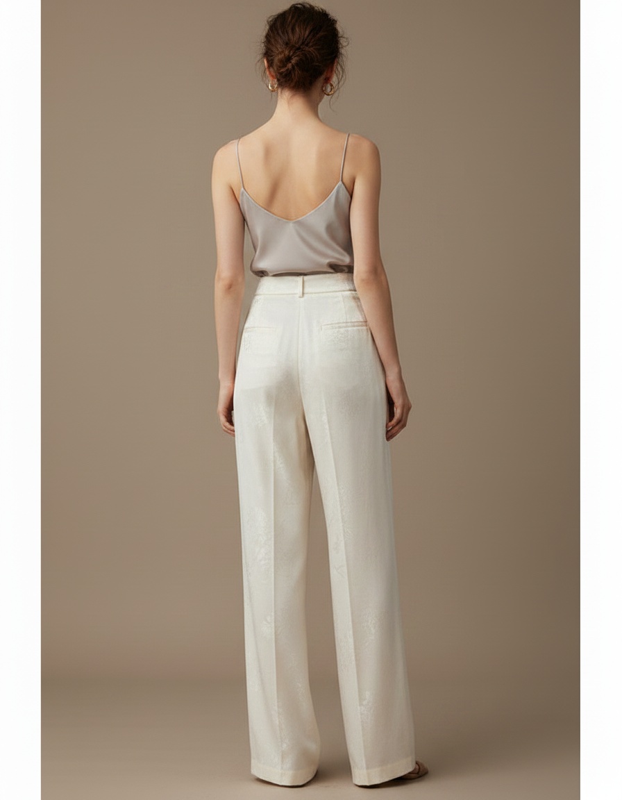 Pantalon Chinois Écru Satin Fluide Imprimé Femme - Beige - vue 2