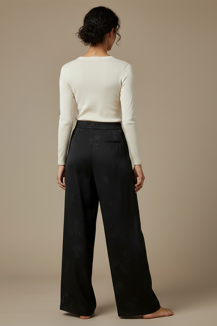 Pantalon Chinois Noir Satin Jacquard Ample Élégant - vue 2