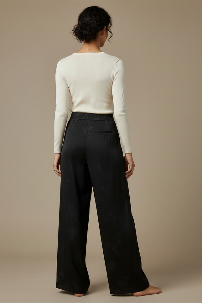 Pantalon Chinois Noir Satin Jacquard Ample Élégant - vue 2