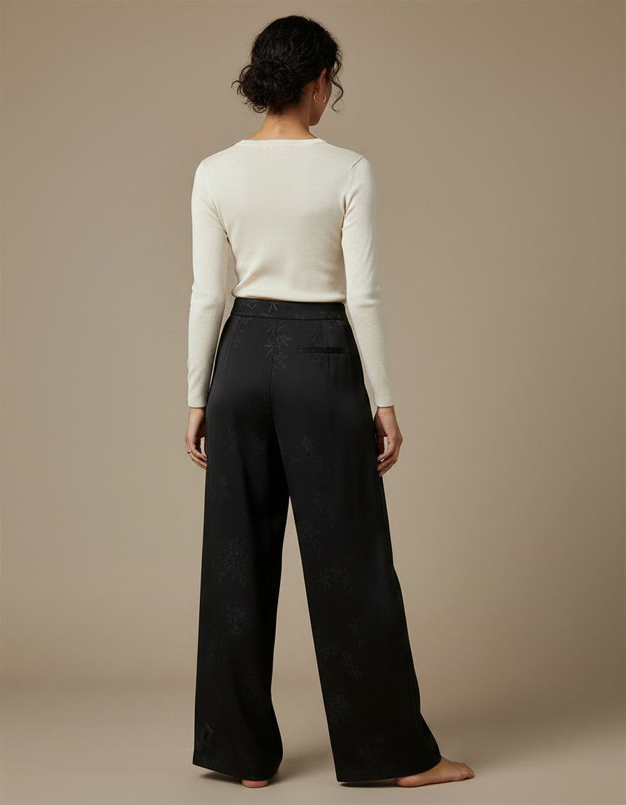 Pantalon Chinois Noir Satin Jacquard Ample Élégant - vue 2