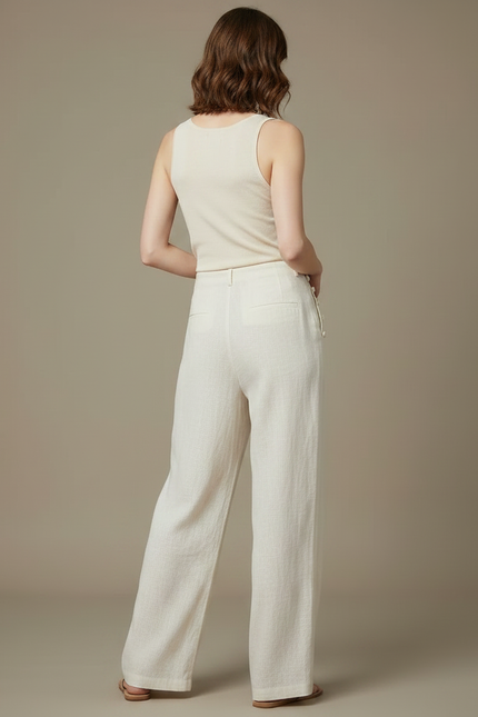 Pantalon Chinois Écru Lin Ample Décontracté Boutons - Beige - vue 2
