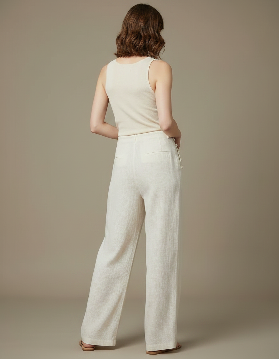 Pantalon Chinois Écru Lin Ample Décontracté Boutons - Beige - vue 2