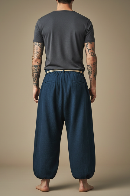 Pantalon Chinois Bleu Ample Coton Lacet Décontracté - Marine - vue 2