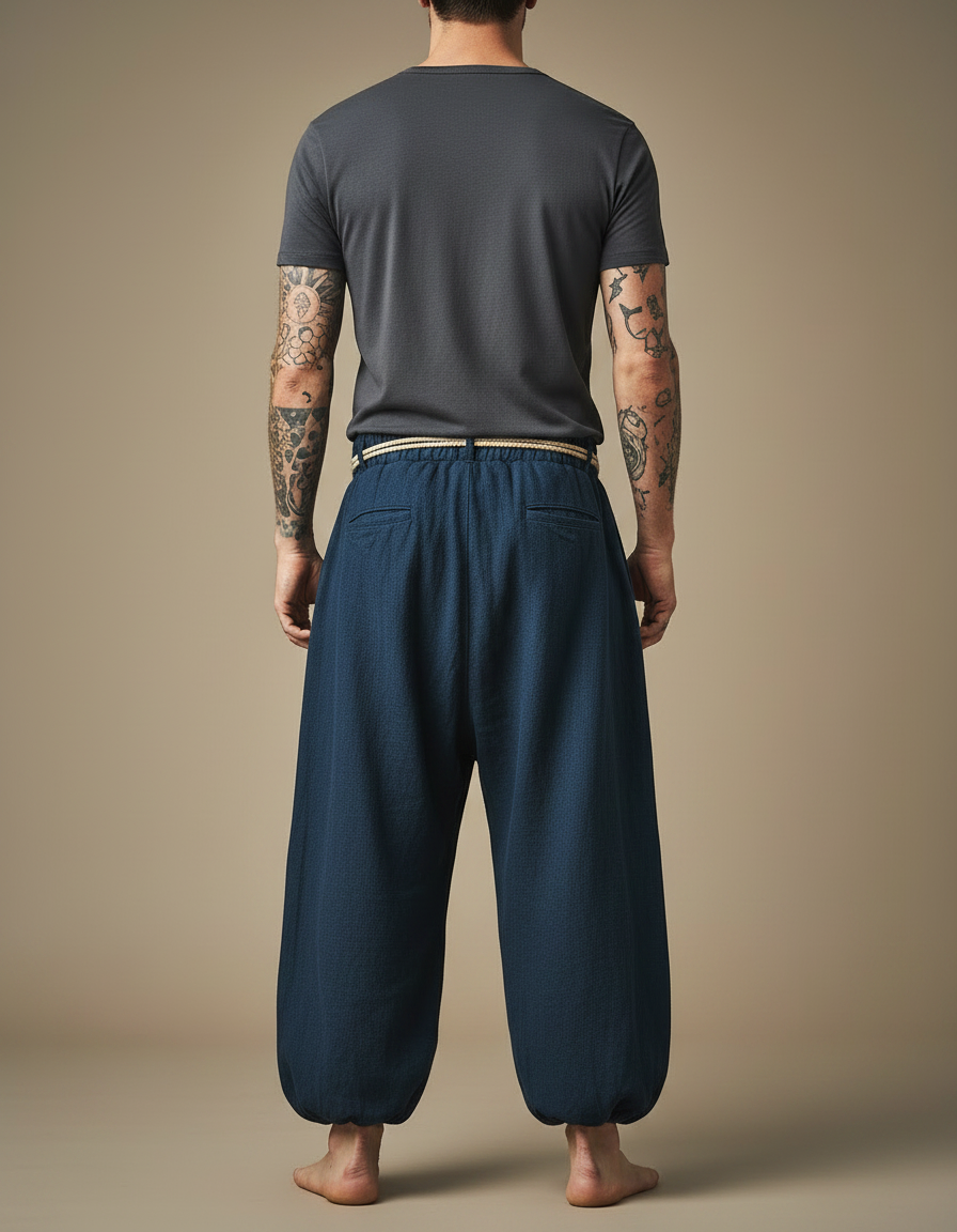 Pantalon Chinois Bleu Ample Coton Lacet Décontracté - Marine - vue 2