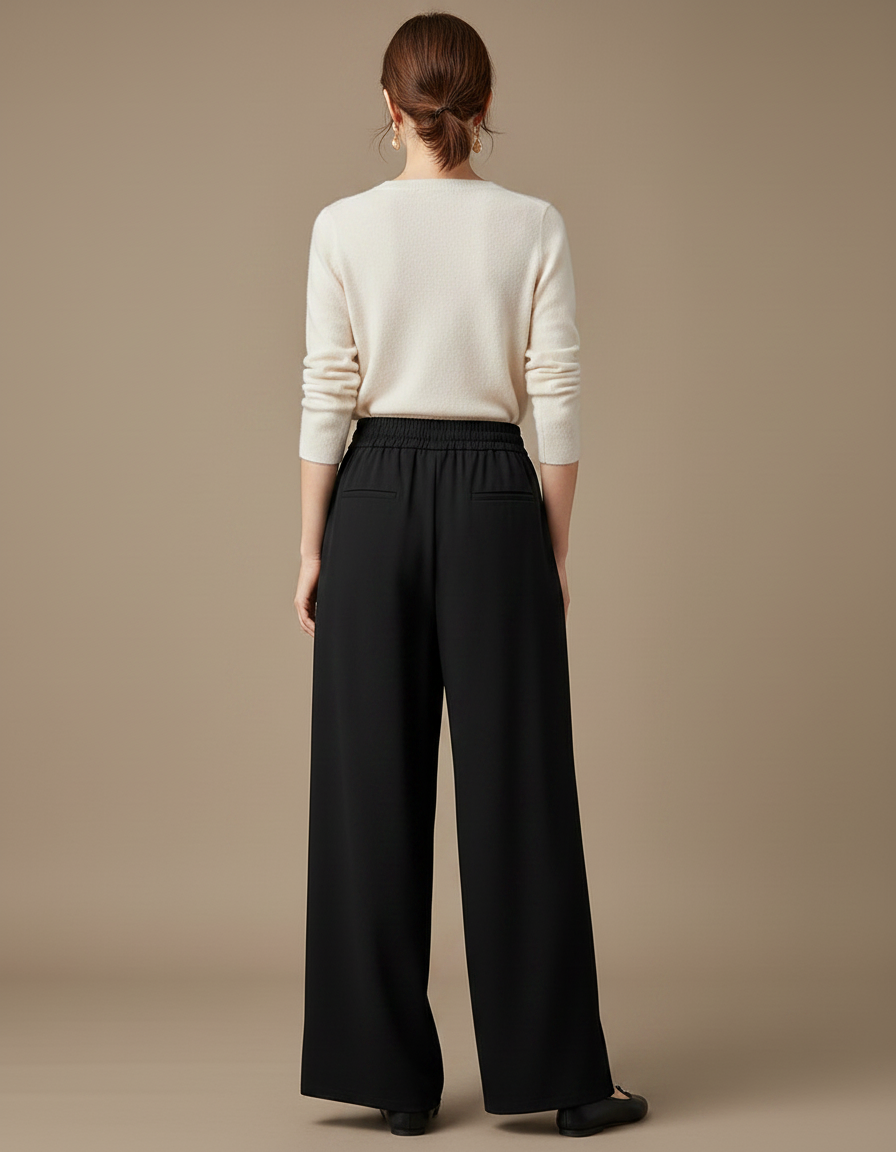 Pantalon Chinois Noir Ample Fluide Élégant - Polyester - vue 2
