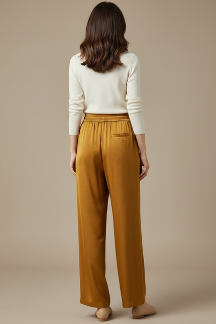 Pantalon Chinois Satin Ample Fluide Doré Élégant - vue 2