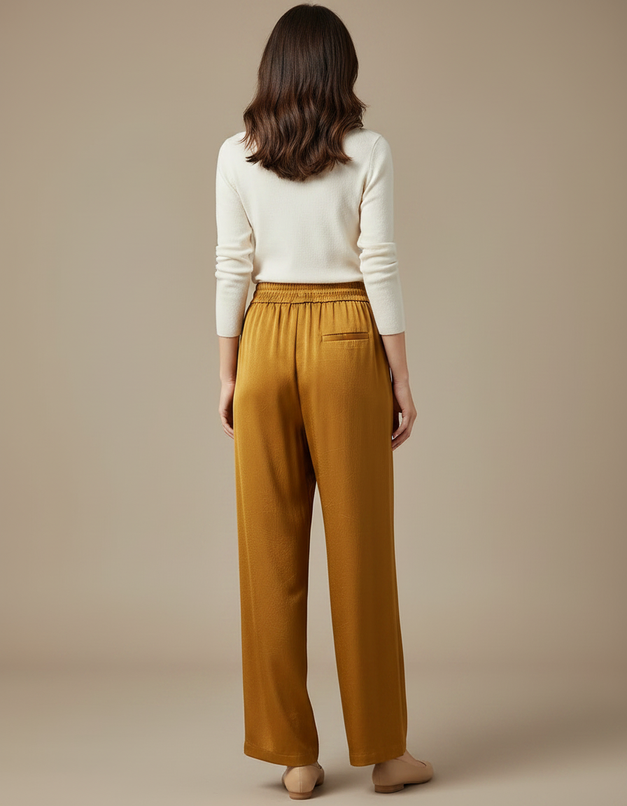 Pantalon Chinois Satin Ample Fluide Doré Élégant - vue 2