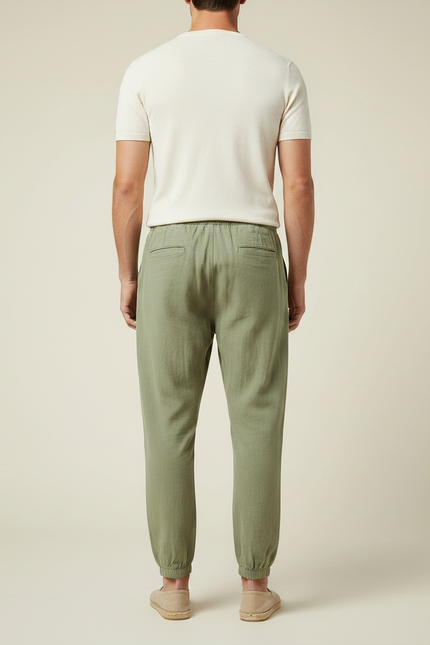 Pantalon Chinois Vert Armée Lin Cordon Ample Homme - Kaki - vue 2