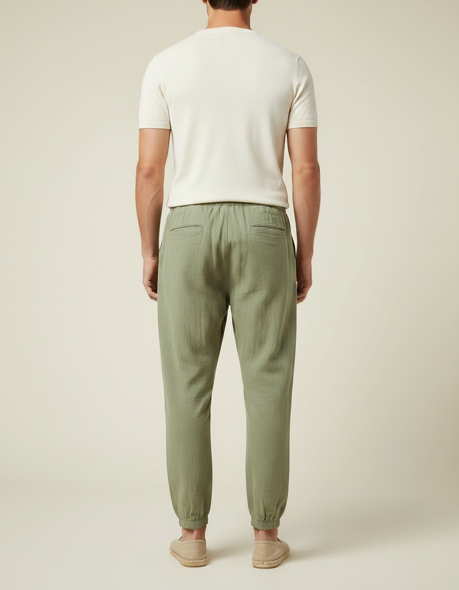 Pantalon Chinois Vert Armée Lin Cordon Ample Homme - Kaki - vue 2