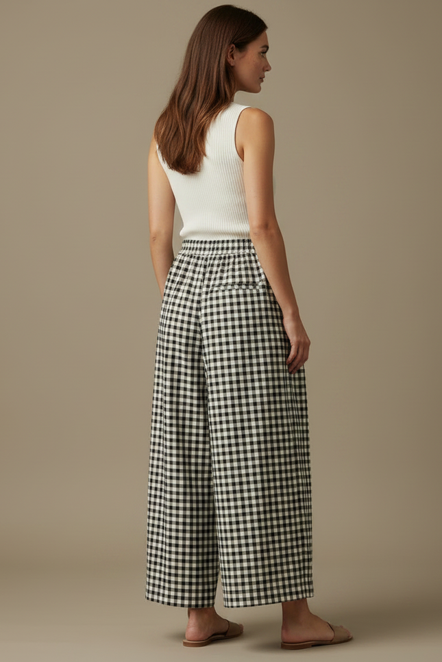 Pantalon Chinois Carreaux Vichy Ample Coton Lin - Imprimé - vue 2