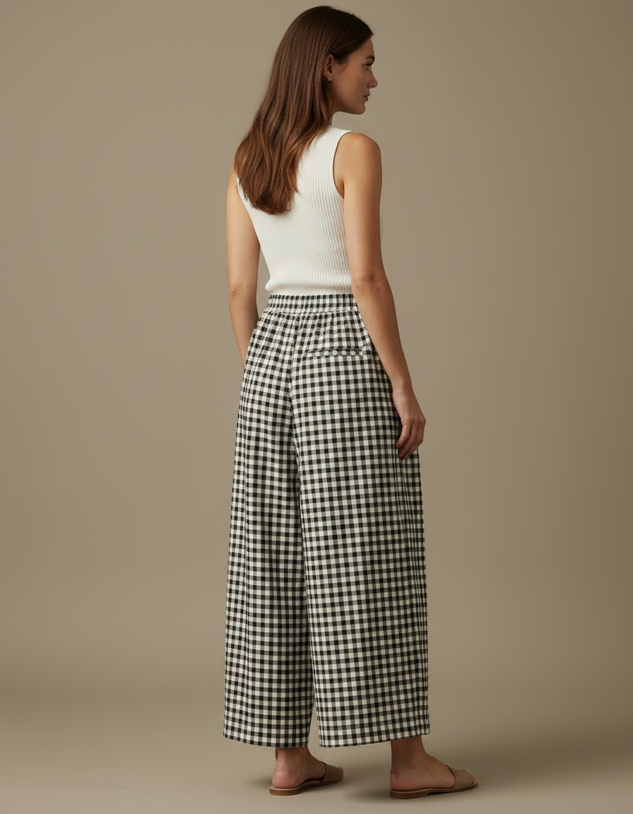 Pantalon Chinois Carreaux Vichy Ample Coton Lin - Imprimé - vue 2