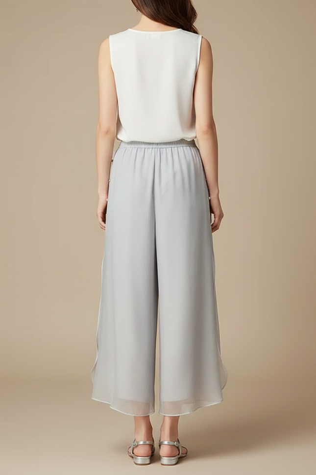 Pantalon Chinois Gris Fluide Imprimé Floral Élastique - Soie - vue 2