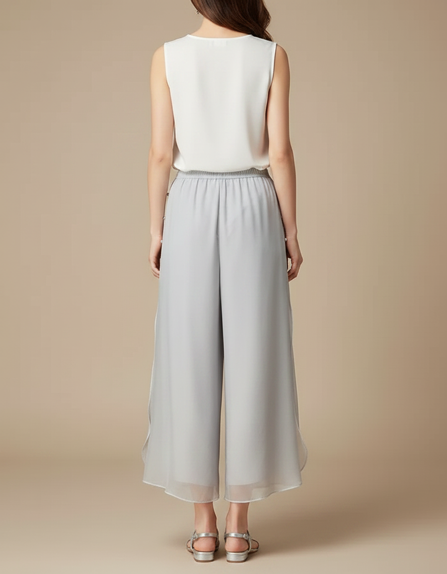 Pantalon Chinois Gris Fluide Imprimé Floral Élastique - Soie - vue 2