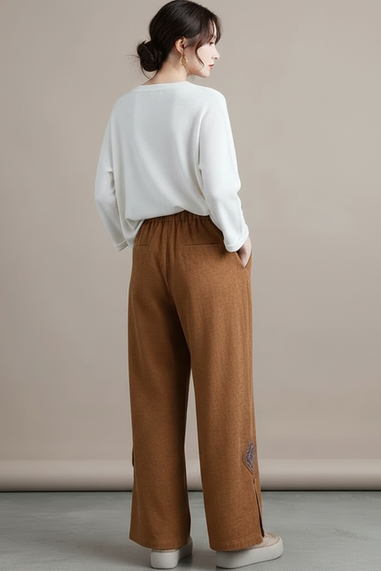 Pantalon Chinois Marron Ample Brodé Fendu Décontracté - Cordé - vue 2