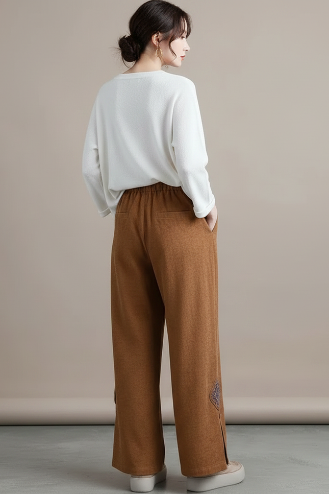 Pantalon Chinois Marron Ample Brodé Fendu Décontracté - Cordé - vue 2