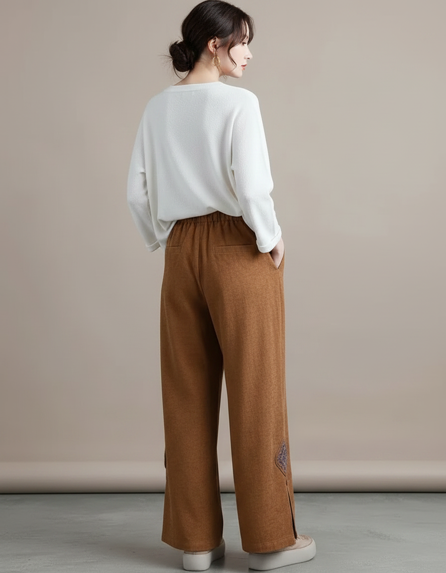 Pantalon Chinois Marron Ample Brodé Fendu Décontracté - Cordé - vue 2