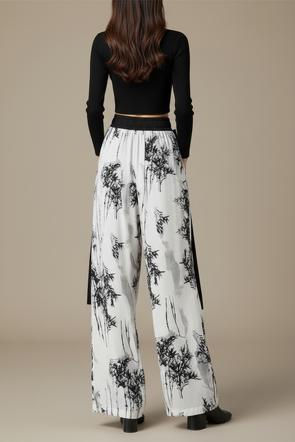 Pantalon Chinois Blanc Imprimé Bambou Fluide Ample - Lin - vue 2