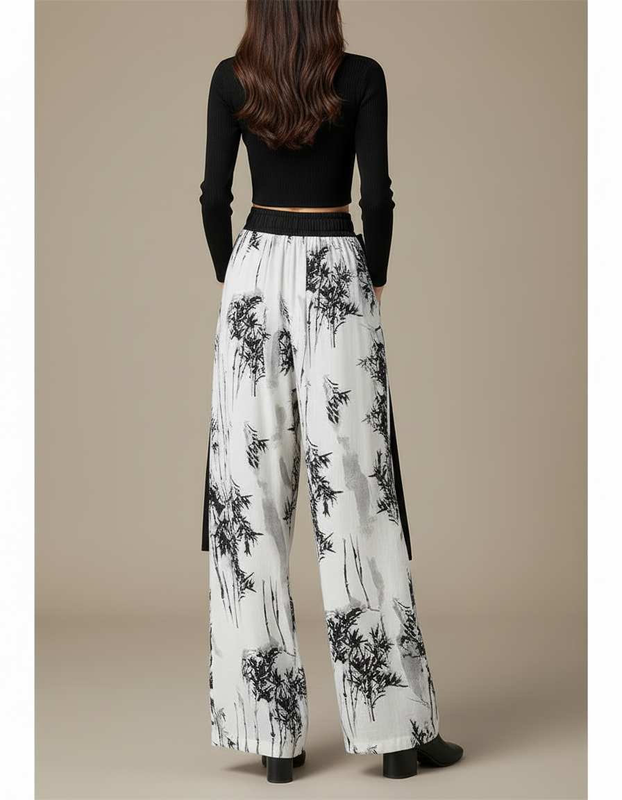 Pantalon Chinois Blanc Imprimé Bambou Fluide Ample - Lin - vue 2
