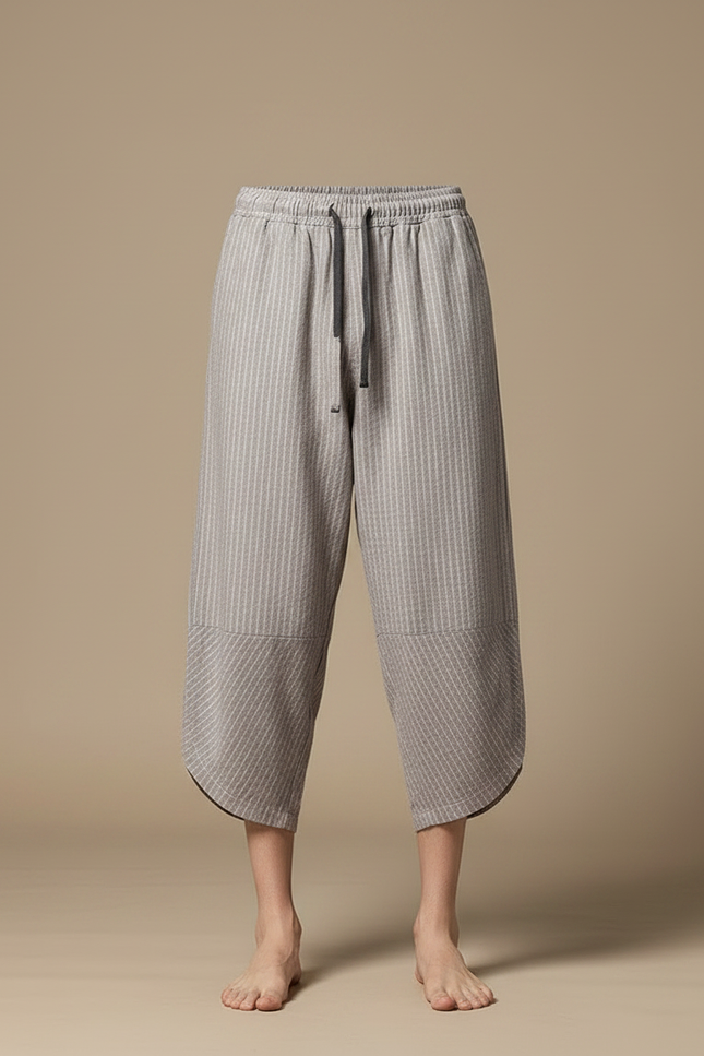 Pantalon Chinois Gris Lin Rayé Ample Homme - vue 3