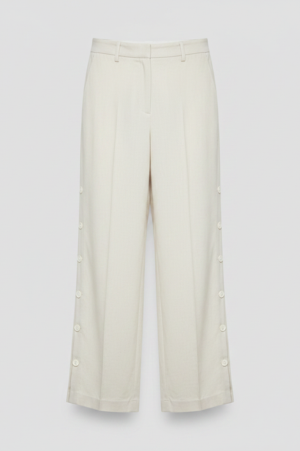 Pantalon Chinois Écru Lin Ample Décontracté Boutons - Beige - vue 3