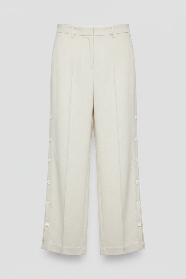 Pantalon Chinois Écru Lin Ample Décontracté Boutons - Beige - vue 3