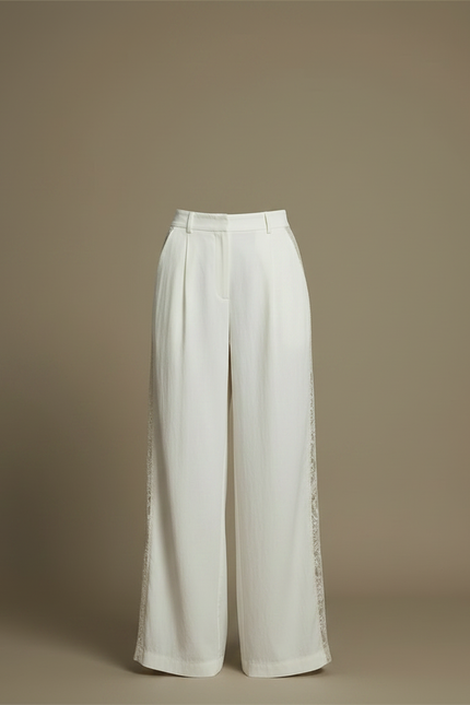 Pantalon Chinois Blanc Ample Dentelle Élégant Fluide - Lin - vue 3