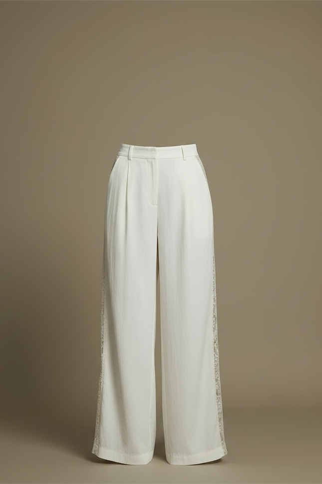 Pantalon Chinois Blanc Ample Dentelle Élégant Fluide - Lin - vue 3
