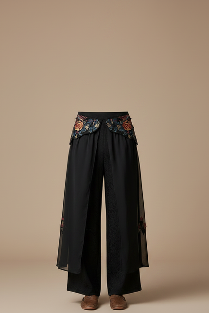 Pantalon Chinois Noir Brodé Floral Ample Fluide - Polyester - vue 3
